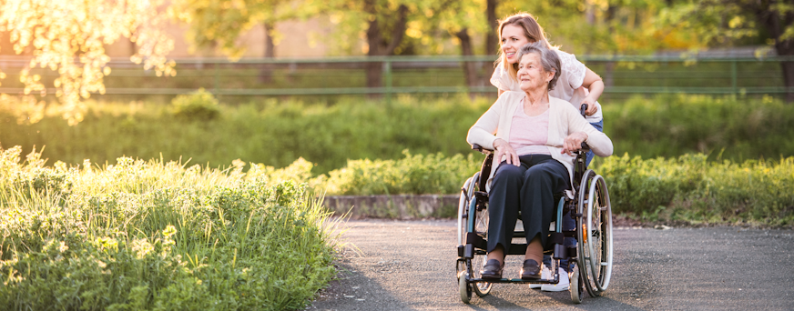 Life Assure Elderly Grandmother In Wheelchair With Grandaughter In Spring Nature Hero